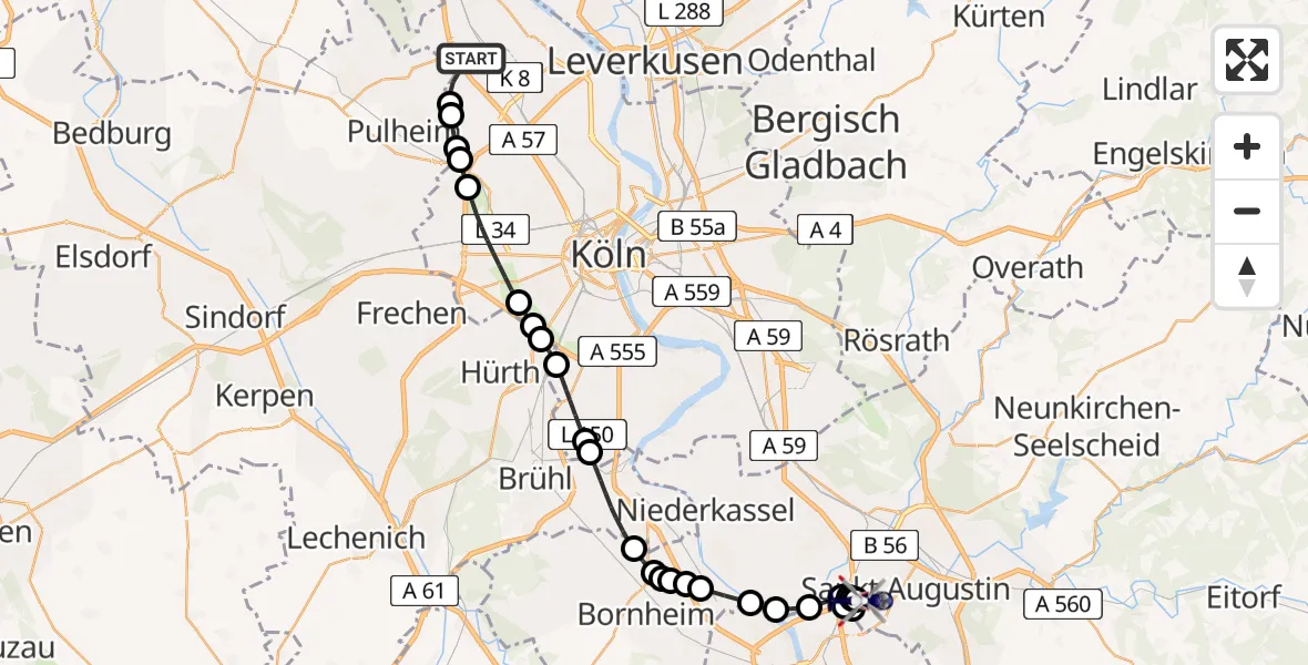 Flugroute Polizeihubschrauber Chorweiler - Sankt Augustin, 24 Februar 2026, 16:25