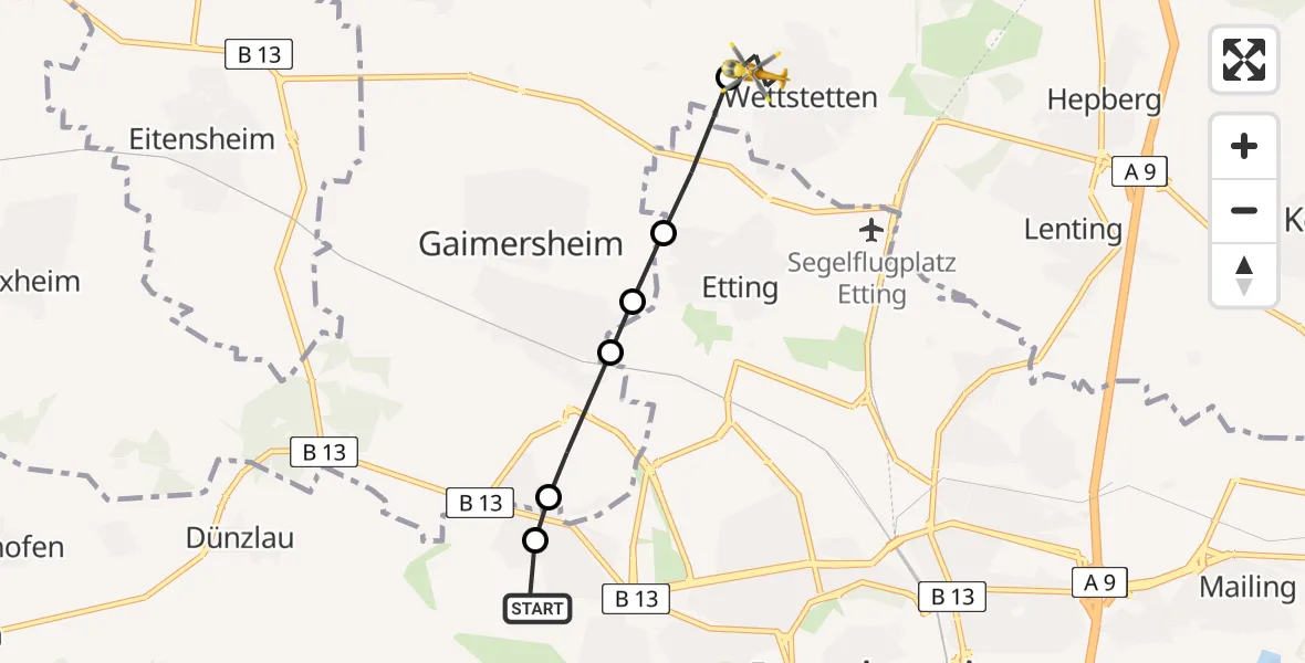 Flugroute Rettungshubschrauber Ingolstadt Hospital Heliport - Wettstetten, 24 Februar 2026, 17:12