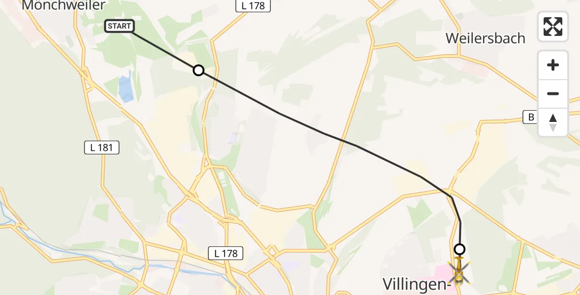 Routekaart van de vlucht: Rettungshubschrauber nach DRF Air Rescue Station Villingen-Schwenningen Heliport (Christoph 11)