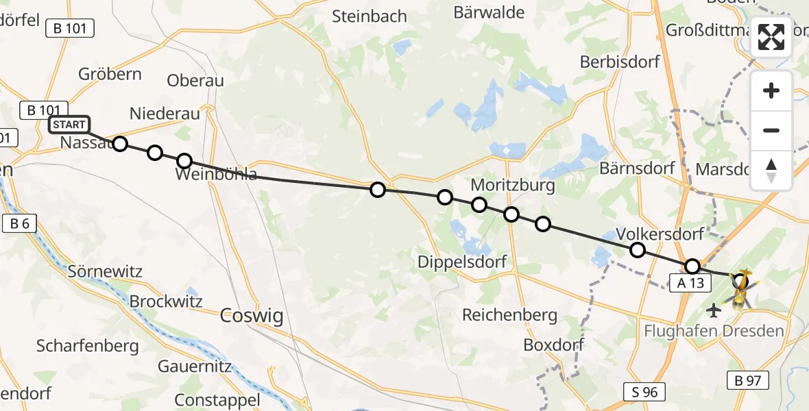 Flugroute Rettungshubschrauber Nassau - Dresden Federal Police Heliport, 24 Februar 2026, 17:38