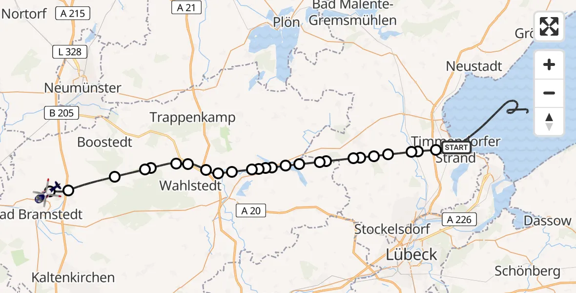 Flugroute Polizeihubschrauber Timmendorfer Strand - Bad Bramstedt Heliport, 24 Februar 2026, 17:41