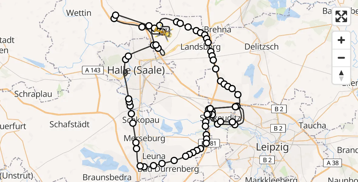 Flugroute Ambulanzhubschrauber Landsberg - Halle-Oppin Airfield, 24 Februar 2026, 17:59