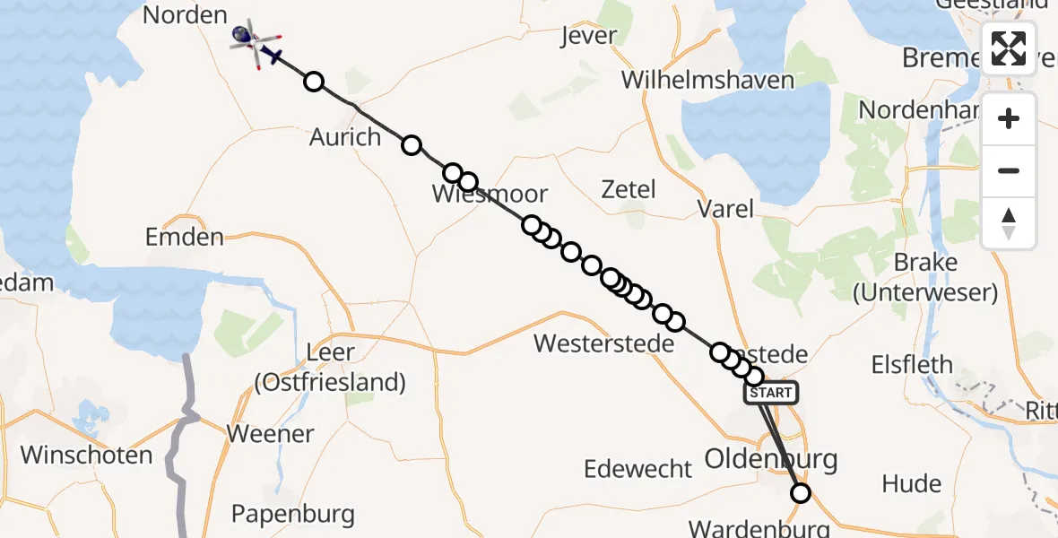 Flugroute Polizeihubschrauber Neusüdende - Großheide, 24 Februar 2026, 18:16