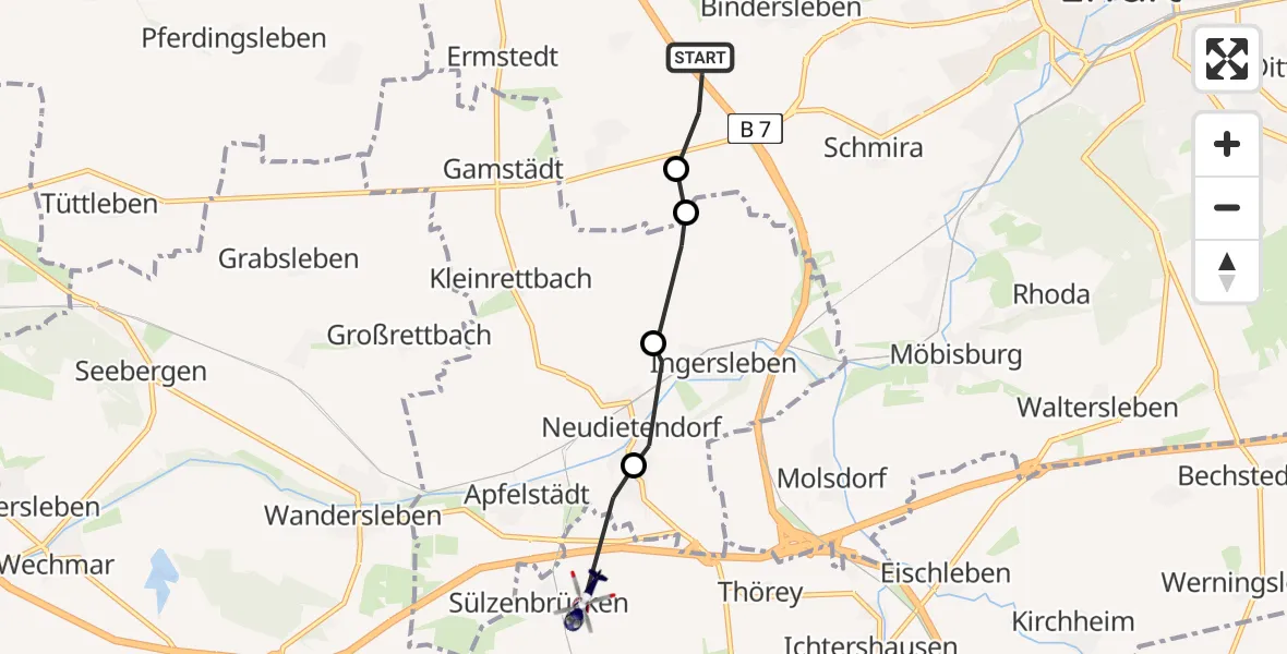 Flugroute Polizeihubschrauber Gottstedt - Sülzenbrücken, 24 Februar 2026, 18:17