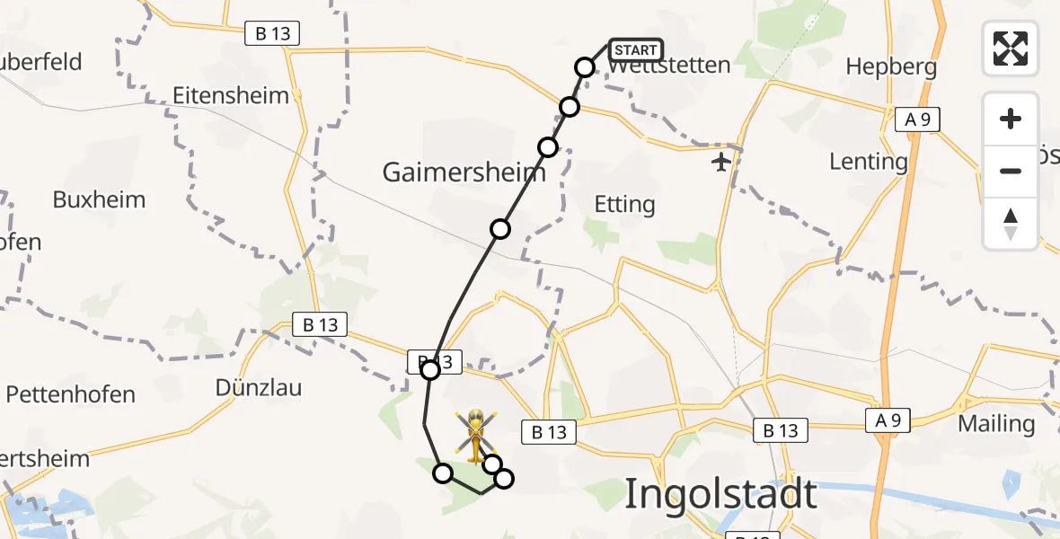 Routekaart van de vlucht: Rettungshubschrauber nach Ingolstadt Hospital Heliport