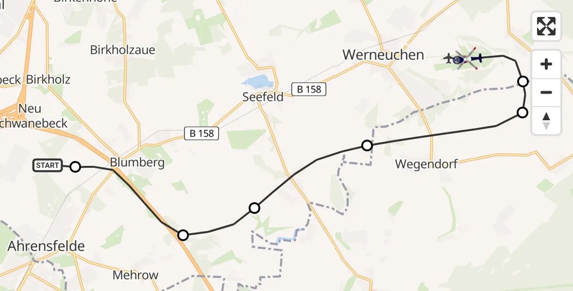 Flugroute Polizeihubschrauber Ahrensfelde Heliport - Werneuchen, 24 Februar 2026, 19:18