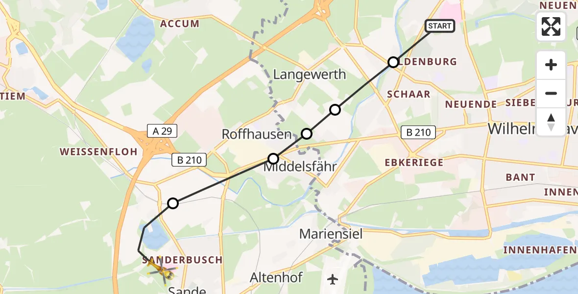 Flugroute Rettungshubschrauber Wilhelmshaven - Sande, 24 Februar 2026, 20:21