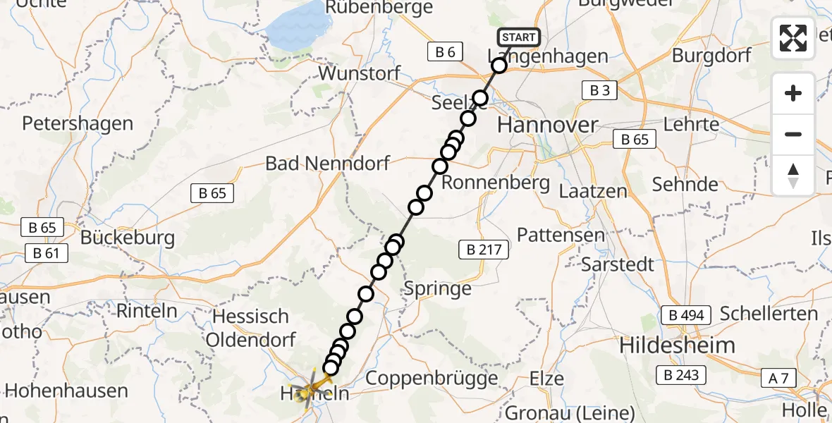 Flugroute Ambulanzhubschrauber Hannover Airport - Hameln, 24 Februar 2026, 21:05