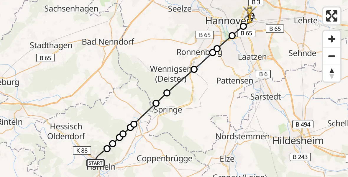Flugroute Ambulanzhubschrauber Hameln - Hannover Air Rescue Heliport (Christoph 4), 24 Februar 2026, 22:02