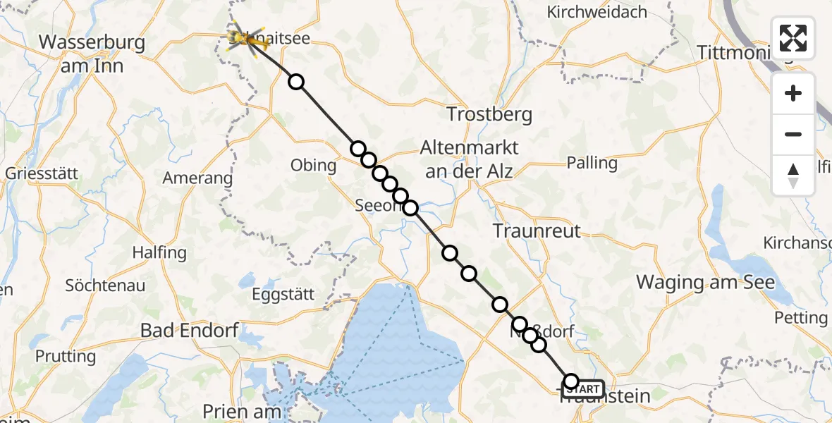 Flugroute Rettungshubschrauber Traunstein Hospital Helipad - Schnaitsee, 25 Februar 2026, 07:05