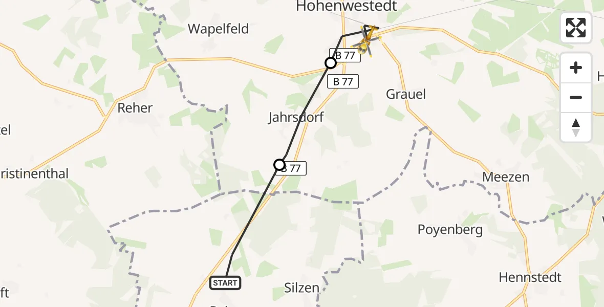 Flugroute Rettungshubschrauber Peissen - Hohenwestedt, 25 Februar 2026, 07:09