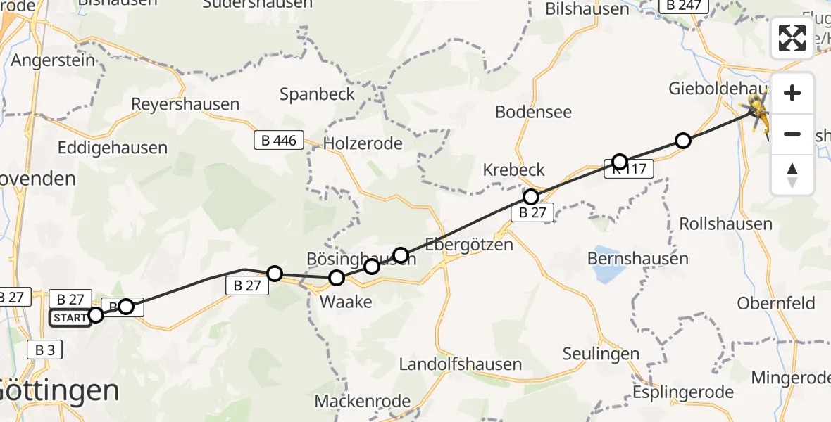 Flugroute Rettungshubschrauber Göttingen University Clinic Heliport - Gieboldehausen, 25 Februar 2026, 07:16