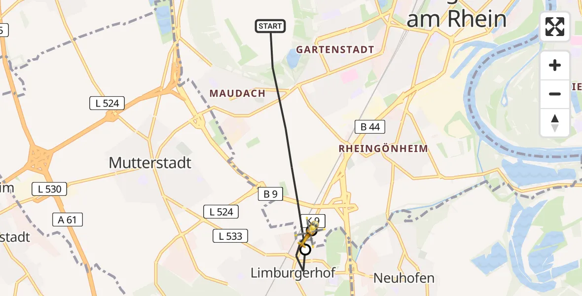 Flugroute Rettungshubschrauber Ludwigshafen am Rhein - Ludwigshafen am Rhein, 25 Februar 2026, 07:25