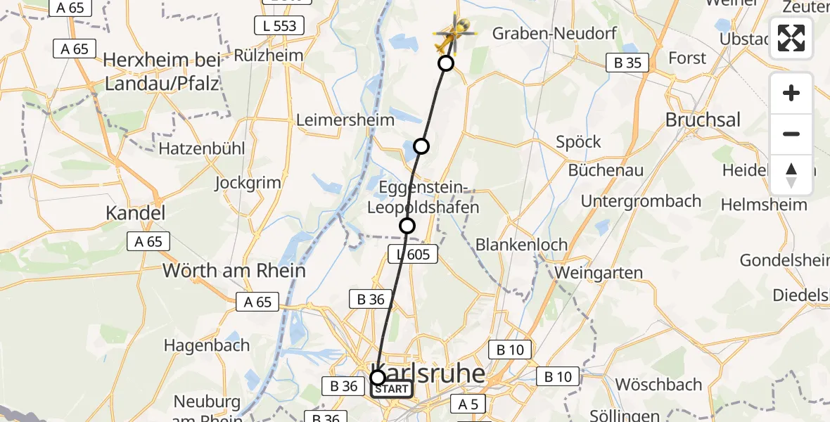 Flugroute Rettungshubschrauber Sankt Vincentius Hospital Heliport - Liedolsheim, 25 Februar 2026, 07:43