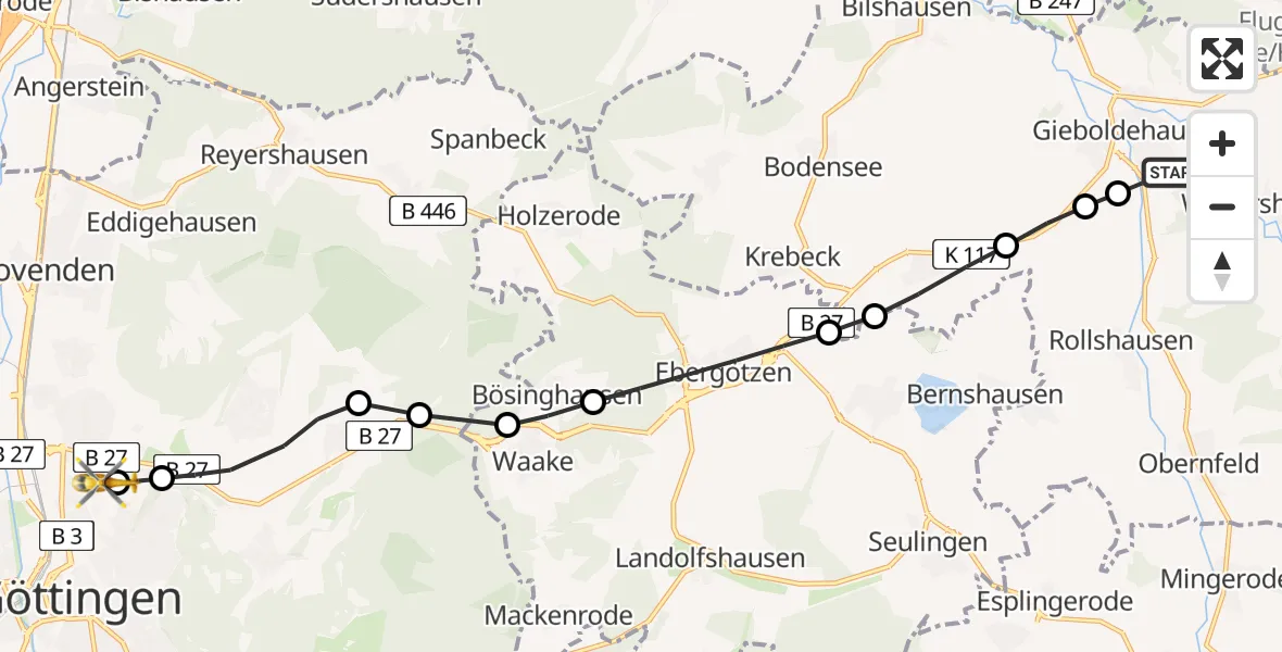 Flugroute Rettungshubschrauber Gieboldehausen - Göttingen University Clinic Heliport, 25 Februar 2026, 07:55