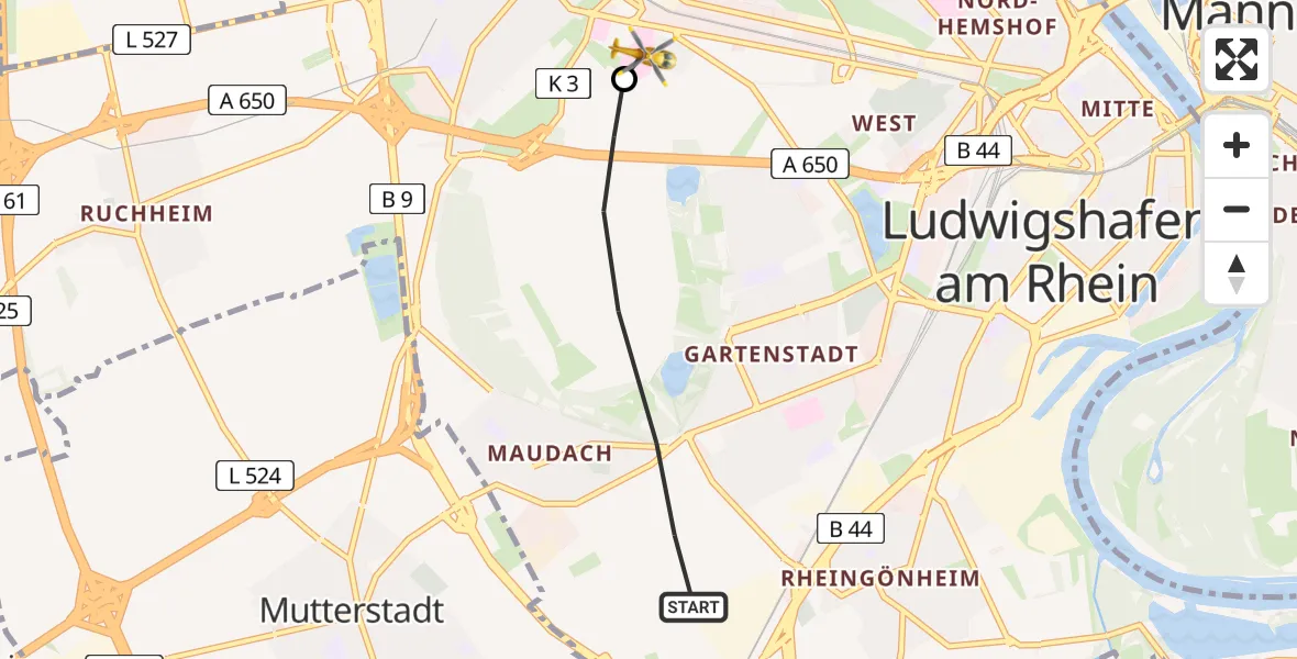 Flugroute Rettungshubschrauber Ludwigshafen am Rhein - Ludwigshafen Accident Hospital Heliport, 25 Februar 2026, 07:58