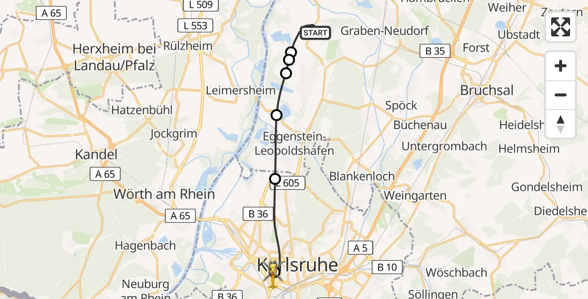 Flugroute Rettungshubschrauber Liedolsheim - Sankt Vincentius Hospital Heliport, 25 Februar 2026, 08:33