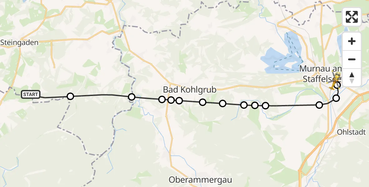Flugroute Rettungshubschrauber Steingaden - Murnau Accident Hospital Heliport, 25 Februar 2026, 08:36