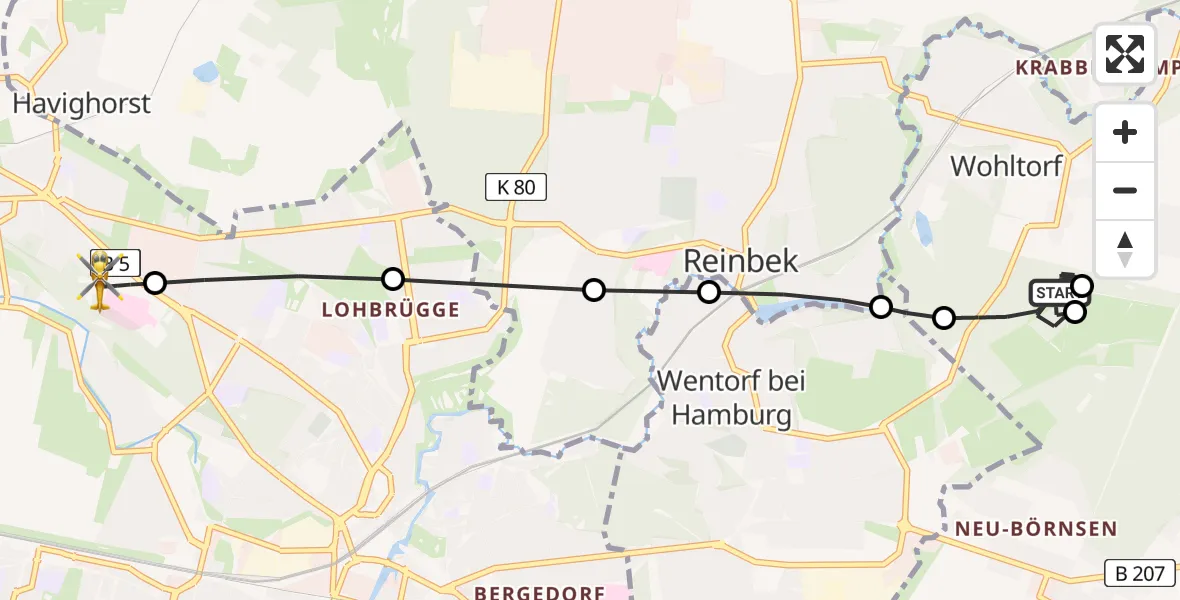 Flugroute Ambulanzhubschrauber Wohltorf - Christoph Hansa ADAC Helipad, 25 Februar 2026, 08:48
