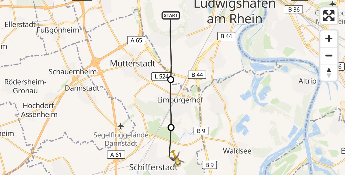 Flugroute Rettungshubschrauber Ludwigshafen am Rhein - Schifferstadt, 25 Februar 2026, 08:50