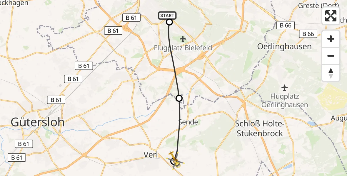 Flugroute Rettungshubschrauber Luftrettungszentrum Bielefeld - Verl, 25 Februar 2026, 08:59