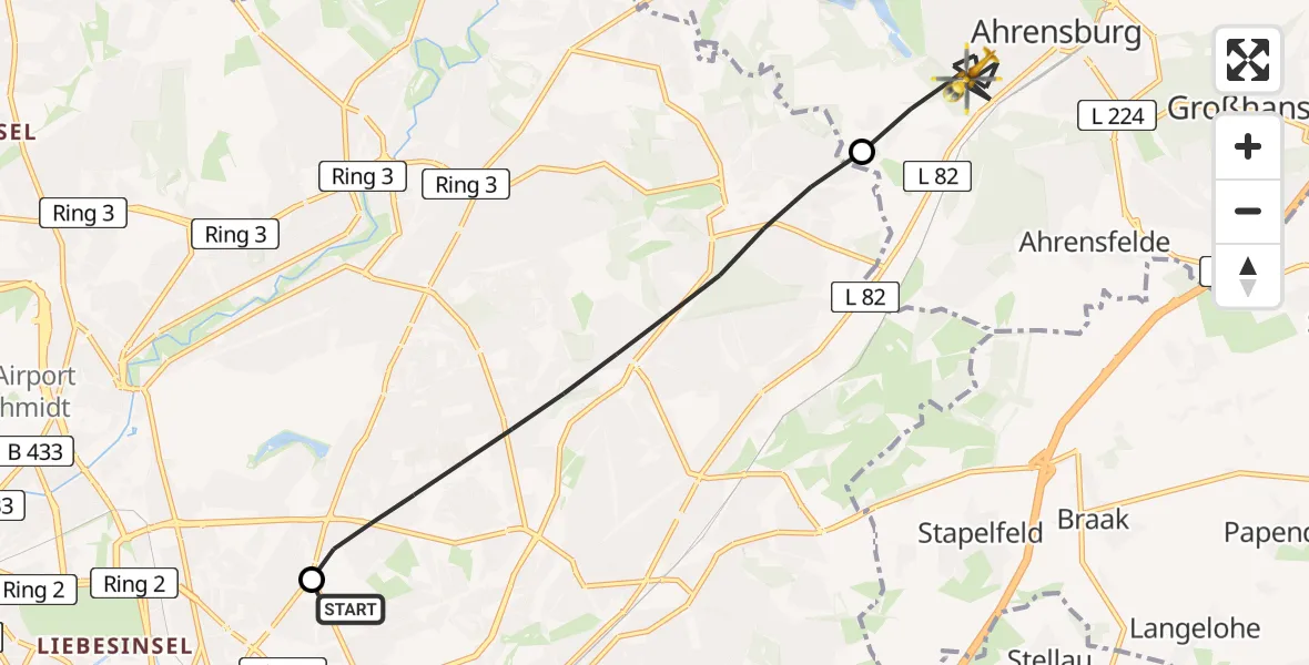 Flugroute Rettungshubschrauber Hamburg Military Hospital Helipad - Ahrensburg, 25 Februar 2026, 09:04