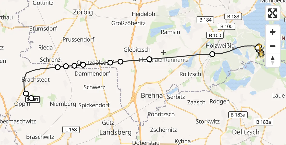 Flugroute Ambulanzhubschrauber Halle-Oppin Airfield - Bitterfeld-Wolfen, 25 Februar 2026, 09:05