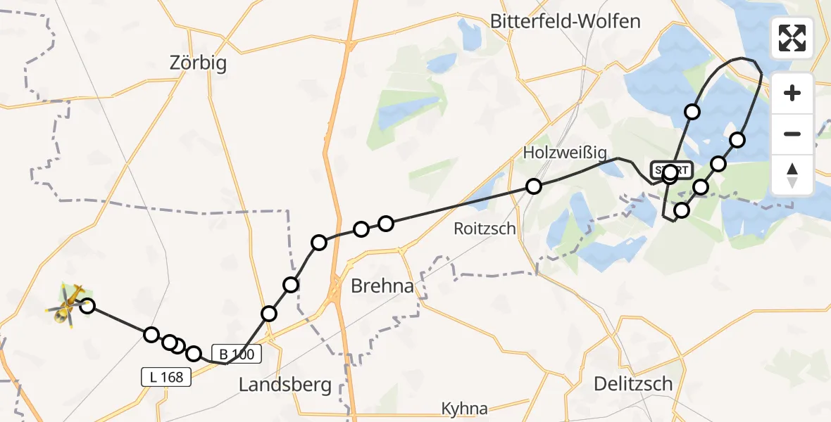 Flugroute Ambulanzhubschrauber Bitterfeld-Wolfen - Halle-Oppin Airfield, 25 Februar 2026, 09:18