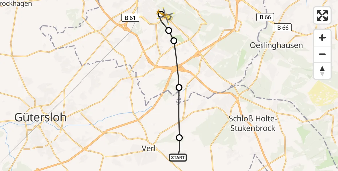 Flugroute Rettungshubschrauber Verl - Luftrettungszentrum Bielefeld, 25 Februar 2026, 09:33