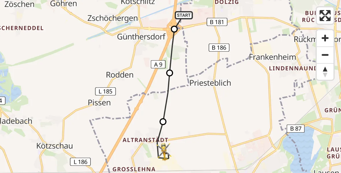 Flugroute Rettungshubschrauber ADAC Air Rescue Station Leipzig/Schkeuditz-Dölzig Heliport (Christoph 61) - Markranstädt, 25 Februar 2026, 09:37