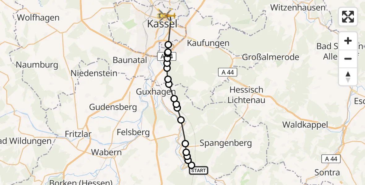Routekaart van de vlucht: Rettungshubschrauber nach Kassel, Mönchebergstraße