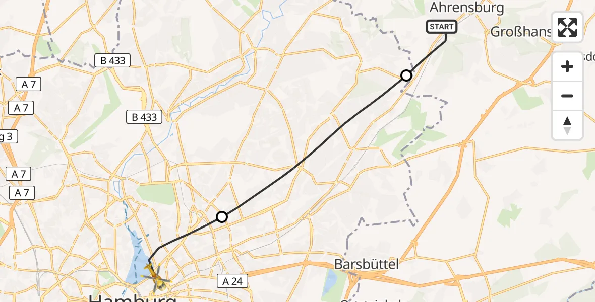Flugroute Rettungshubschrauber Ahrensburg - Hamburg, 25 Februar 2026, 09:47