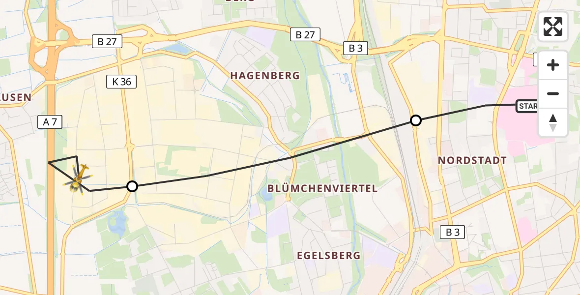 Flugroute Rettungshubschrauber Göttingen University Clinic Heliport - Grone, 25 Februar 2026, 09:51