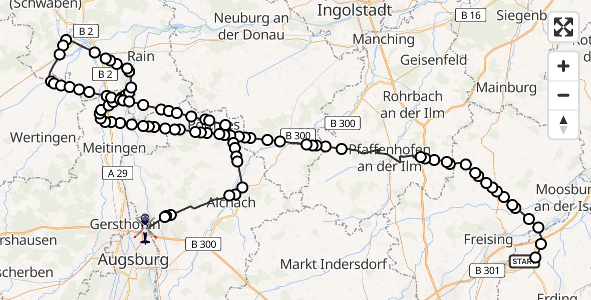 Flugroute Polizeihubschrauber Schwaigerloh - Augsburg Airport, 25 Februar 2026, 09:56