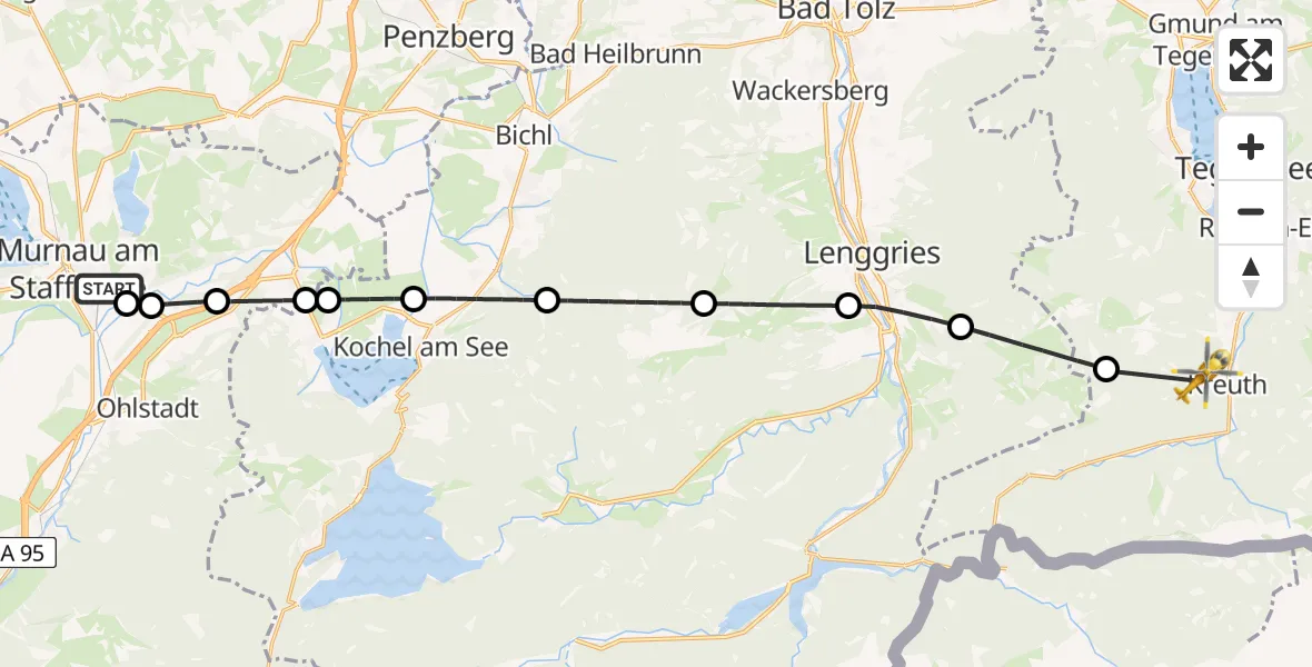 Flugroute Rettungshubschrauber Murnau Accident Hospital Heliport - Kreuth, 25 Februar 2026, 09:57
