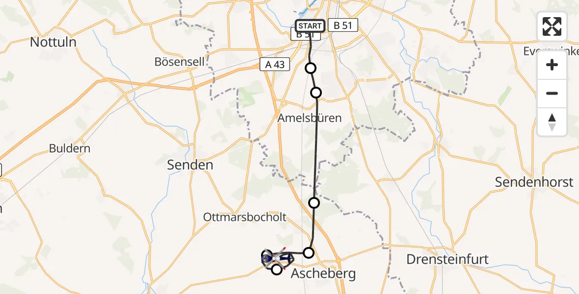 Flugroute Polizeihubschrauber Münster-Mitte - Ascheberg, 25 Februar 2026, 09:58