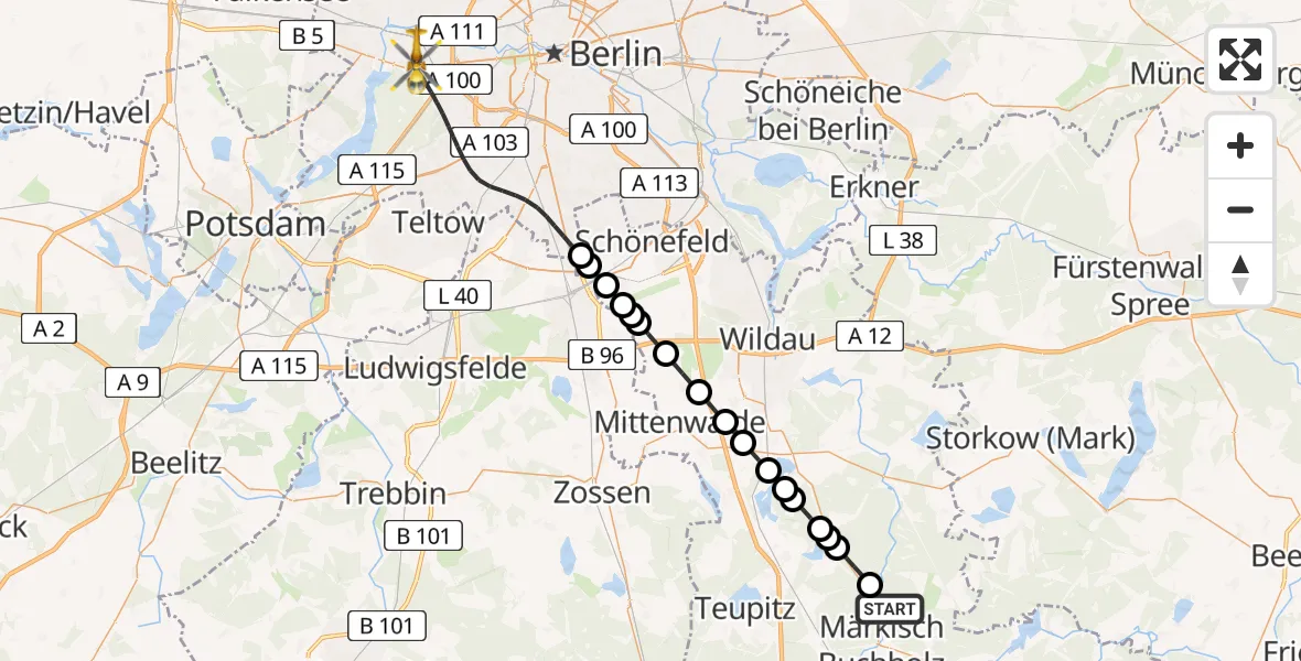 Flugroute Ambulanzhubschrauber Märkisch Buchholz - Berlin, 25 Februar 2026, 10:03