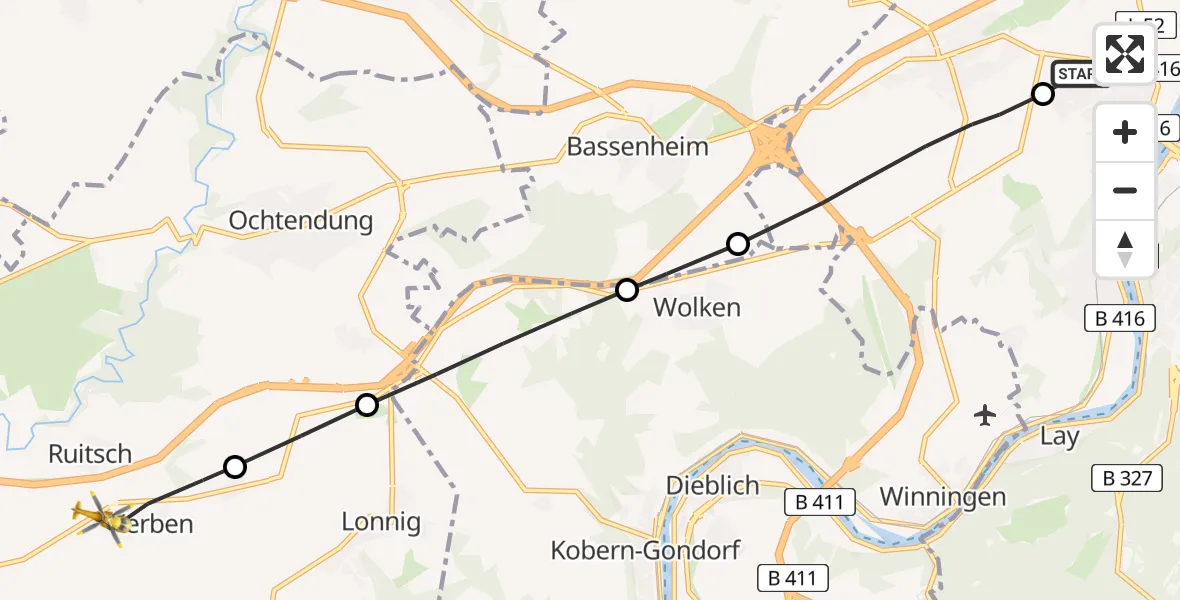 Flugroute Rettungshubschrauber Koblenz - Kerben, 25 Februar 2026, 10:04