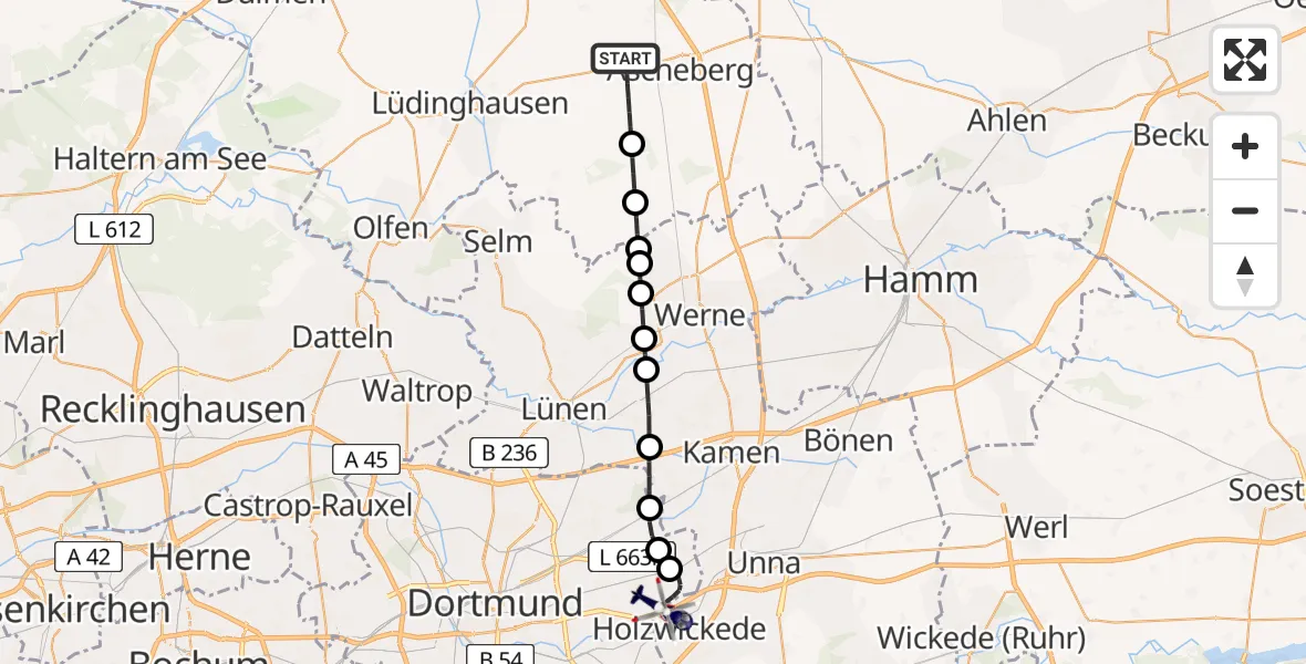 Flugroute Polizeihubschrauber Ascheberg - Dortmund Airport, 25 Februar 2026, 10:13