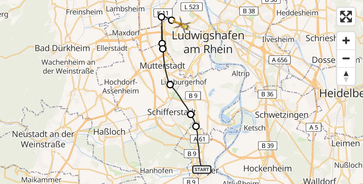 Flugroute Rettungshubschrauber Speyer - Ludwigshafen am Rhein, 25 Februar 2026, 10:13