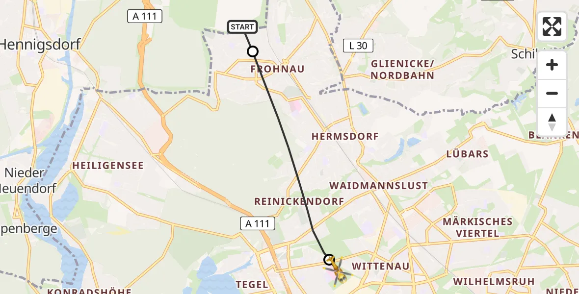 Flugroute Rettungshubschrauber Stolpe - Vivantes Humboldt Clinic Heliport, 25 Februar 2026, 10:13