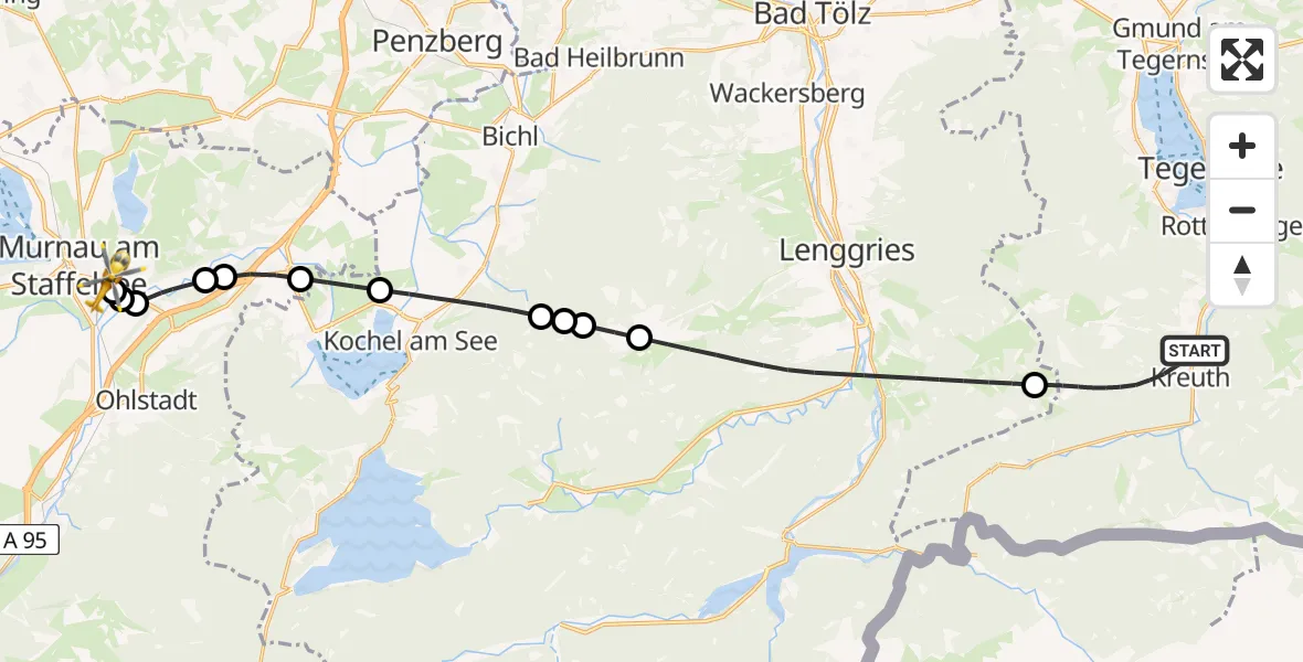 Flugroute Rettungshubschrauber Kreuth - Murnau Accident Hospital Heliport, 25 Februar 2026, 10:25