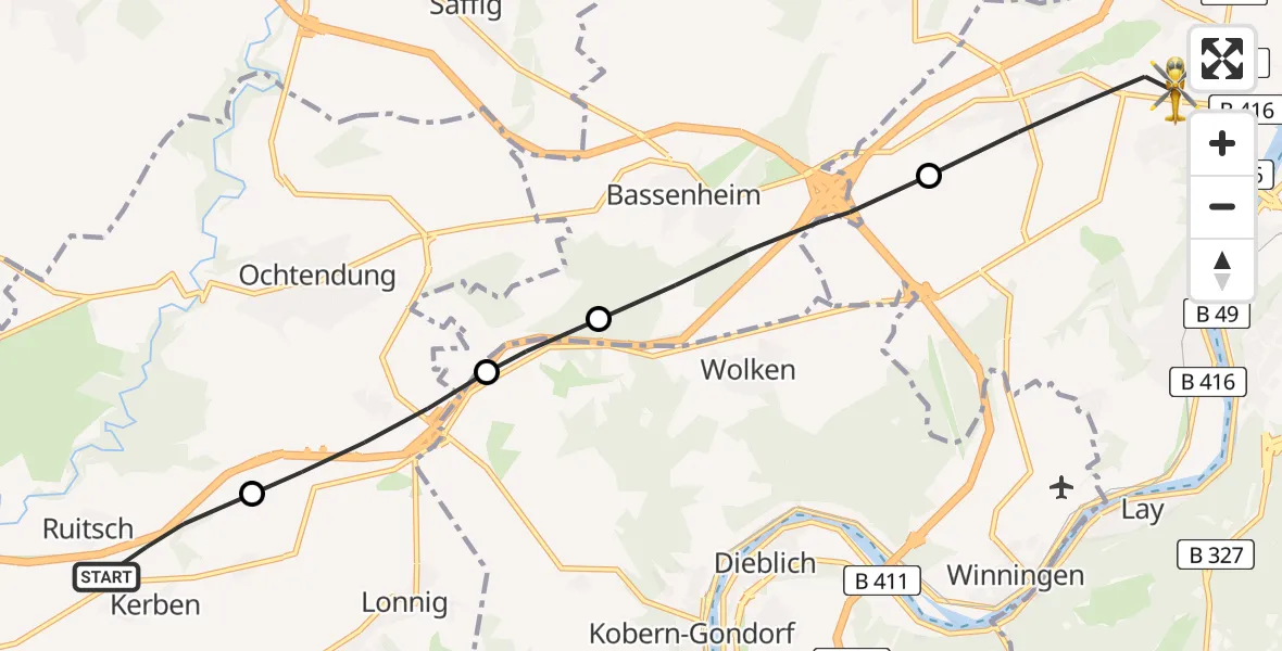 Flugroute Rettungshubschrauber Ruitsch - Koblenz, 25 Februar 2026, 10:35
