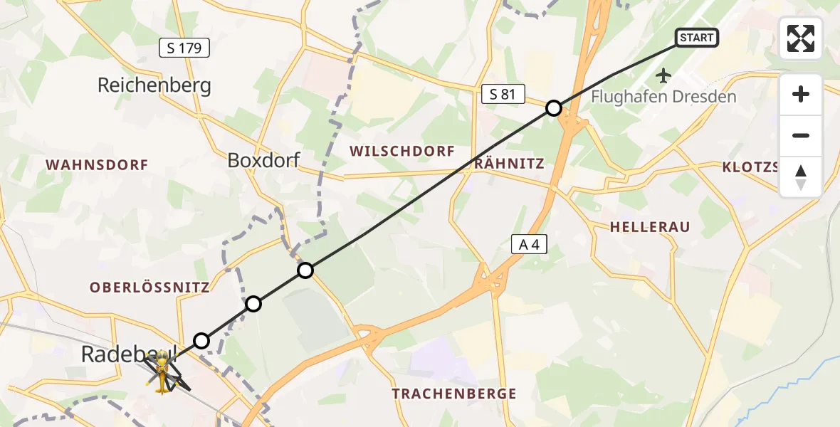 Flugroute Rettungshubschrauber Dresden Airport - Radebeul, 25 Februar 2026, 10:35