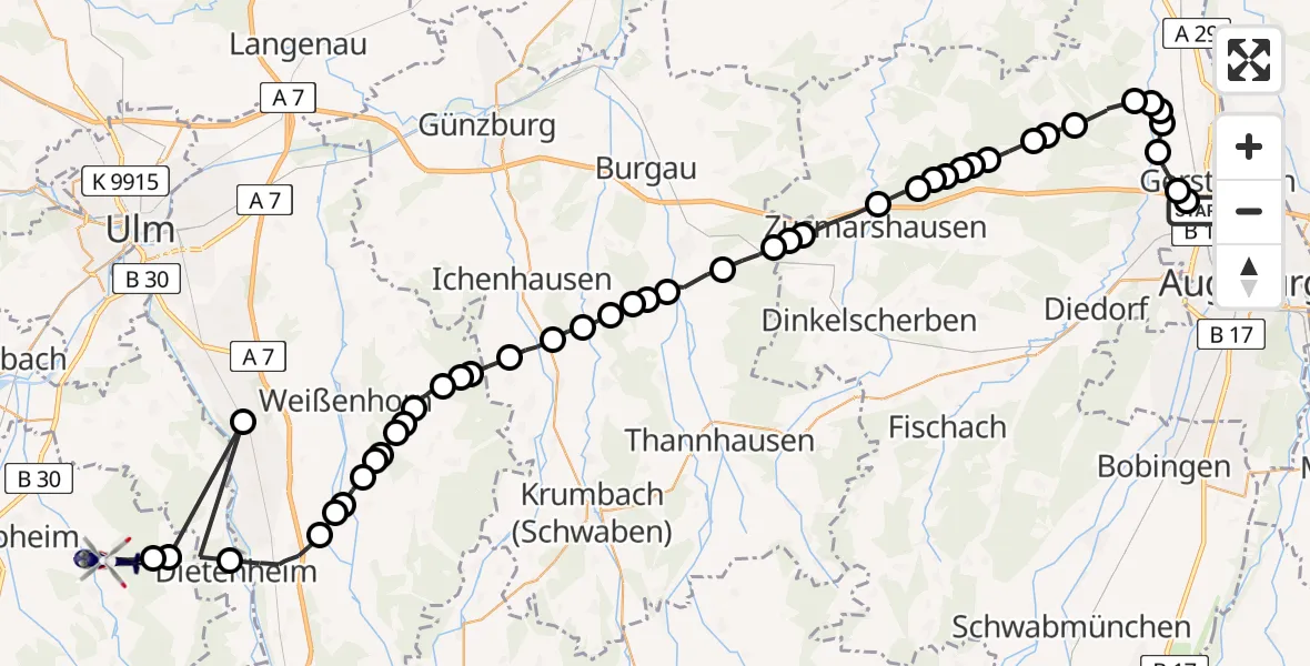 Routekaart van de vlucht: Polizeihubschrauber nach Orsenhausen, Schleifweg