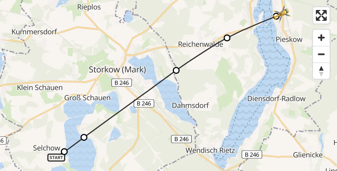 Flugroute Rettungshubschrauber Selchow - Bad Saarow Hospital Heliport, 25 Februar 2026, 10:57