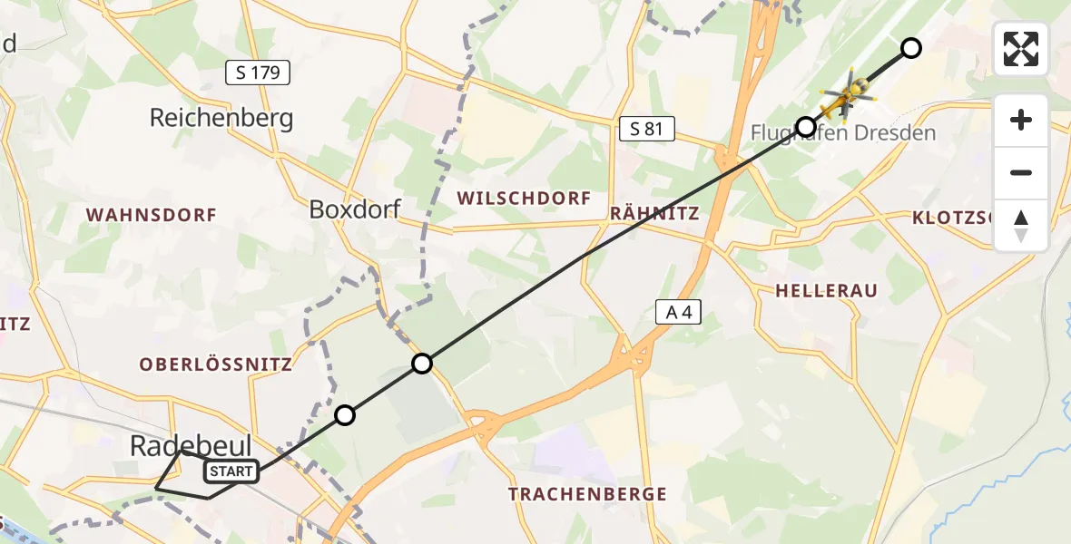 Flugroute Rettungshubschrauber Radebeul - Dresden Airport, 25 Februar 2026, 11:08