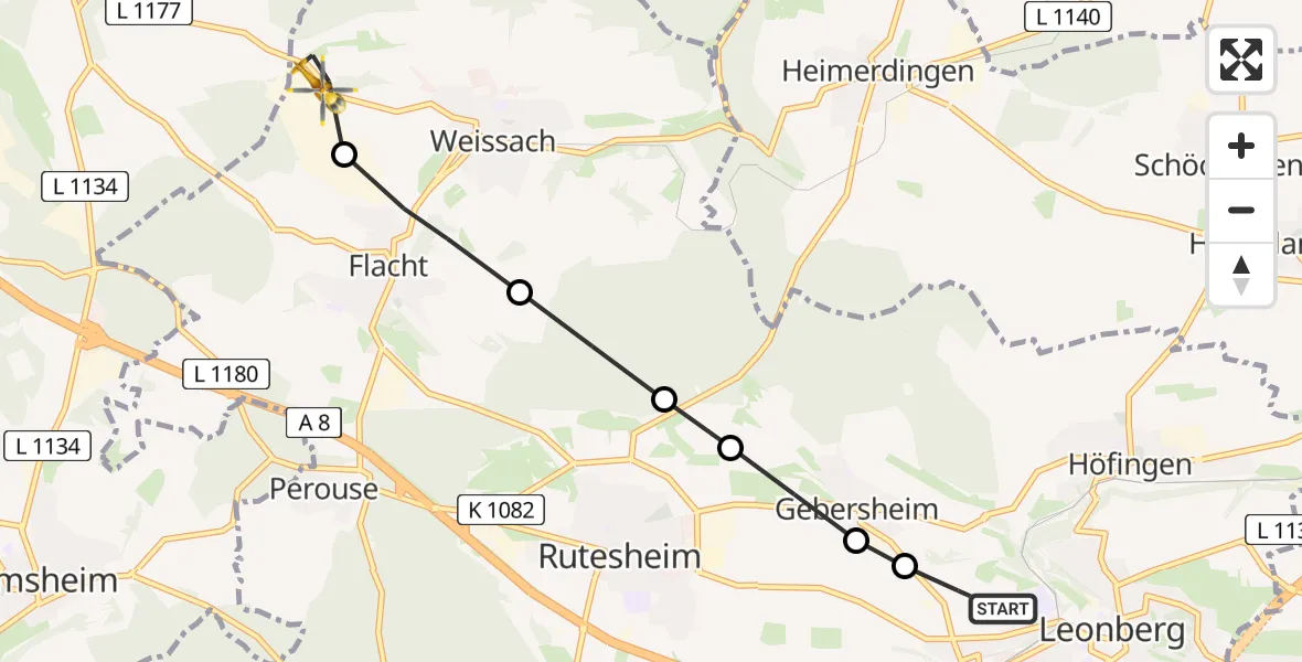 Flugroute Rettungshubschrauber Leonberg Hospital Heliport - Weissach, 25 Februar 2026, 11:18