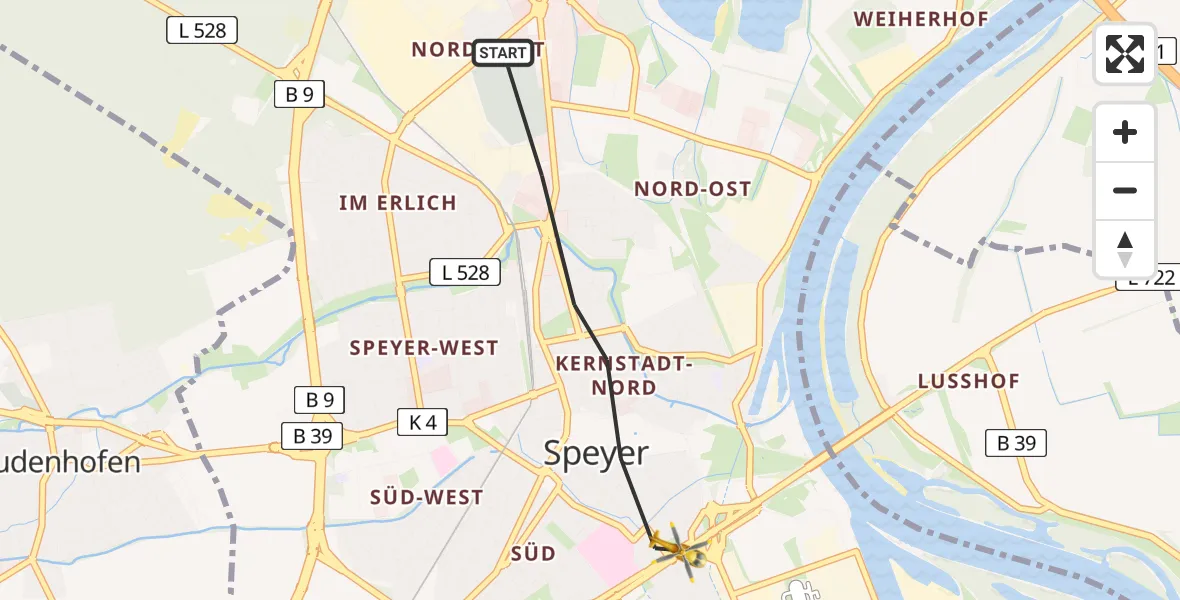 Flugroute Rettungshubschrauber Speyer - Speyer, 25 Februar 2026, 11:19