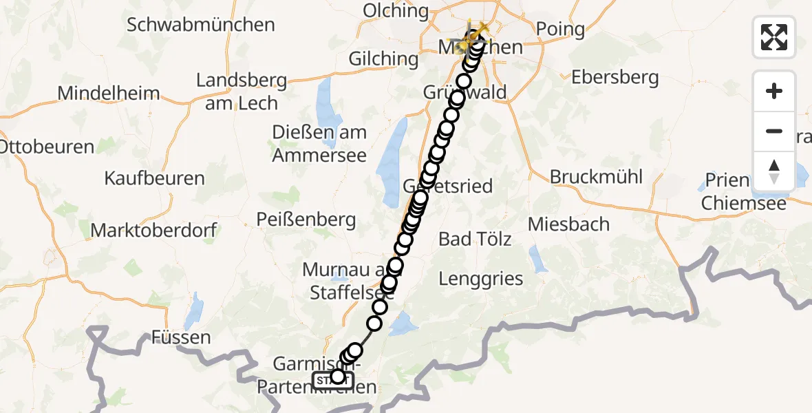 Flugroute Rettungshubschrauber Garmisch-Partenkirchen - Deutsches Herzzentrum München Heliport, 25 Februar 2026, 11:26